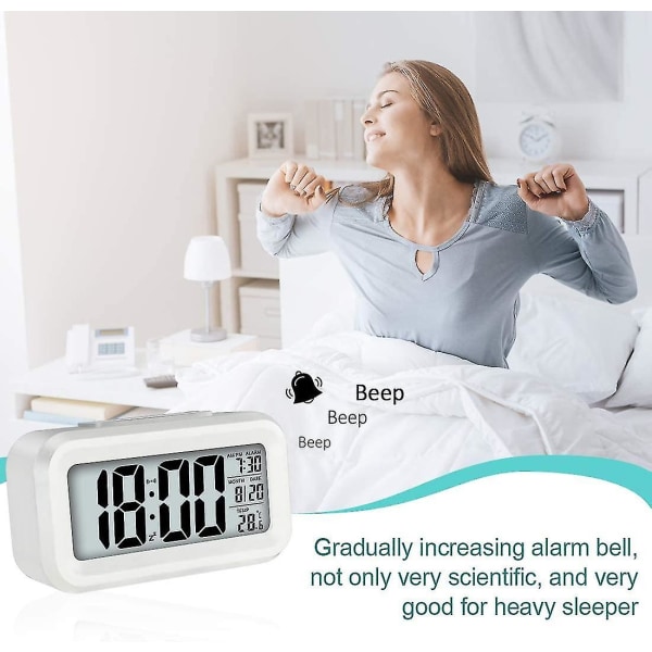 Led-näyttö Digitaalinen herätyskello Paristokäyttöinen Älykäs yövalo Helppokäyttöinen kello lapsille Raskaille nukkujille Makuuhuoneen kello (valkoinen) (hy)