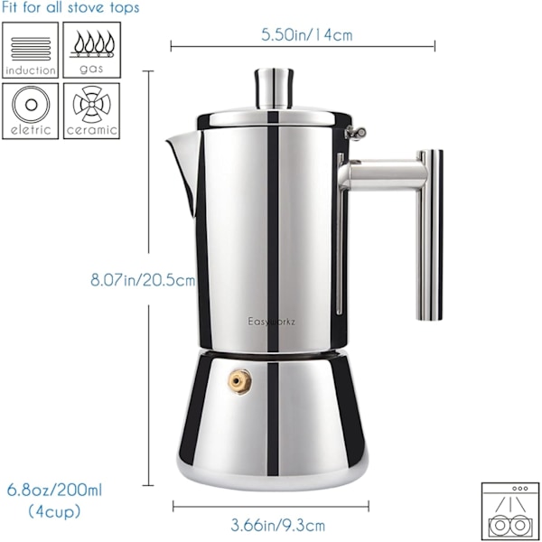 Easyworkz Liesi-espressokeitin Ruostumaton Teräs Italialainen Kahvinkeitin Induktio Moka-kattila - 4Cup 6.8oz