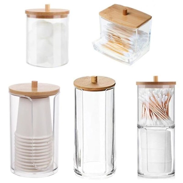 Makeup-arrangörset - Akryl bomullstussar hållare med bambulock, genomskinlig Q-tips bomullstuss dispenser, öronpropp burk, sminkbord tillbehör, Co D