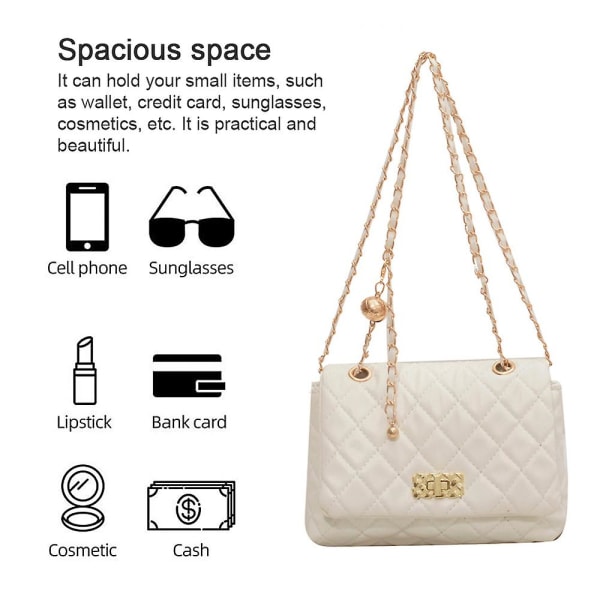 Dame skulderveske Mote clutch håndveske Quiltet designer crossbody bag med kjede stropp White