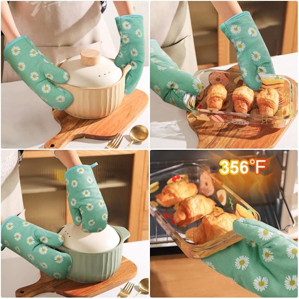 Ovnshansker og grytekluter, grillhansker, 1 par ovnshansker og 2 grytekluter, for matlaging, baking, kjøkken, mikrobølgeovn, pizza Green