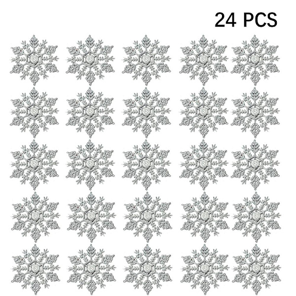24 stk Plastjuleglitter Snøflak Ornamenter Juletre