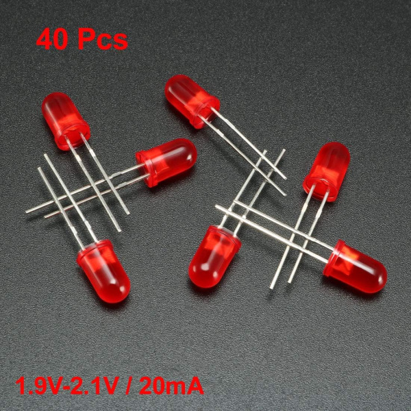 40 stk 5 mm røde LED-diodelys Farget linse diffusert rund 1,9-2,1V 20mA 0,02W Lyspære Lampe Elektroniske komponenter Lysdioder