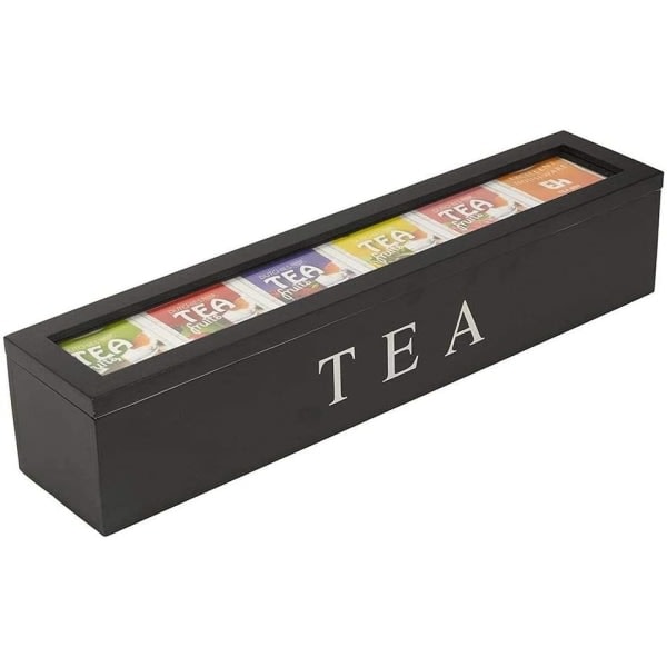 IC Storage box for tea and tea bags, black wooden tea box with 6 compartments