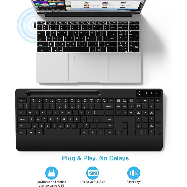 Langaton näppäimistö ja hiiri -setti Ergonomiset langattomat näppäimistö ja hiiri, puhelimen ja tabletin telineellä