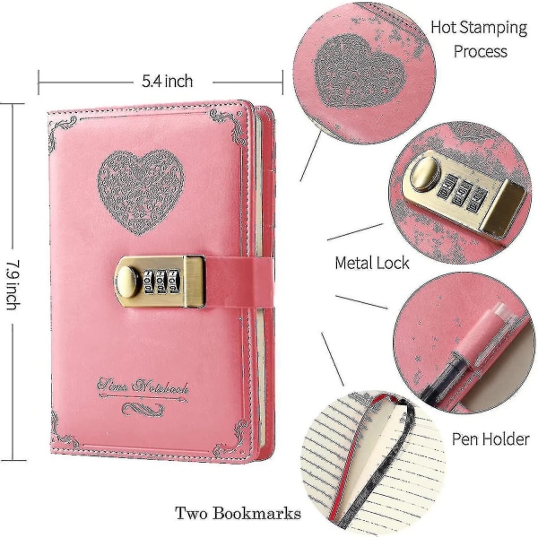 Dagbog med lås til piger - Læder password låsning journal søde hemmelige dagbøger notesbog med B6 pink