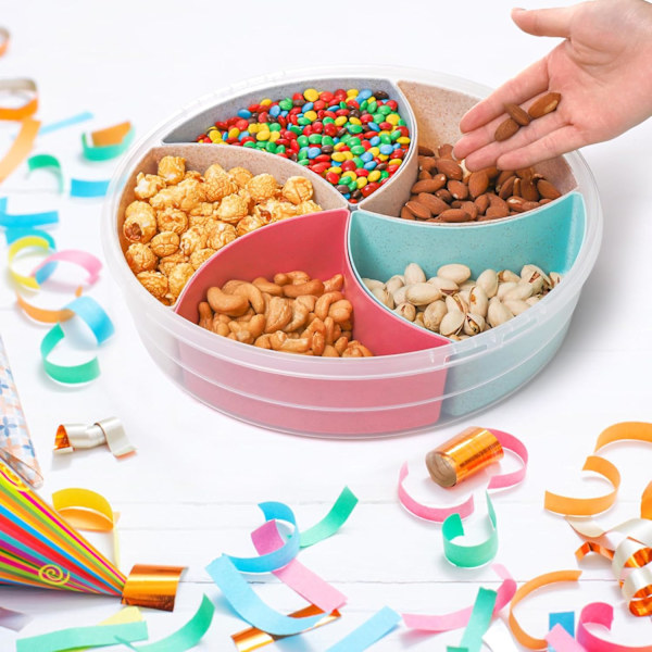 Snack-serveringsbrett med lokk, 12-tommers fruktbeholder, 5-roms rund forrettbrikke, delt plastmatbeholder, organiseringsplate for snacks