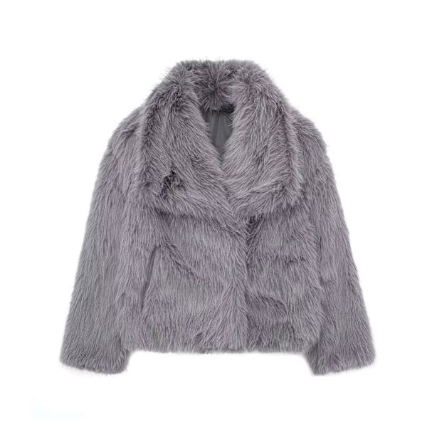 TRAFZA - Korte syntetisk skinnjakke for kvinner, tykk og varm langærmet jakke, ensfarget, elegant, trendy, vinterjakke Grey XS