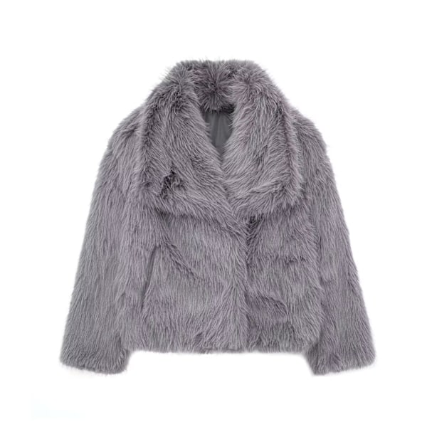 TRAFZA - Kvindes kort jakke i kunstig læder, tyk og varm langærmet frakke, ensfarvet, elegant, trendy, vinter Grey M