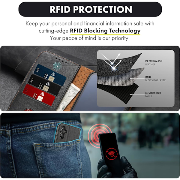 Samsung A15 Mobilskal - Läderfodral med [RFID-blockering], Stöttåligt [Ställ] för Samsung Galaxy A15 5G Elegant Black