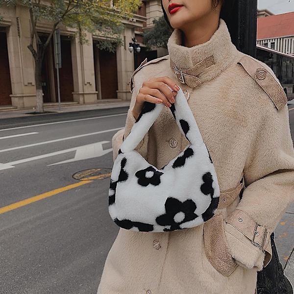 Kvinner Jenter Mote Plysj Trykk Clutch Håndveske Hvit white