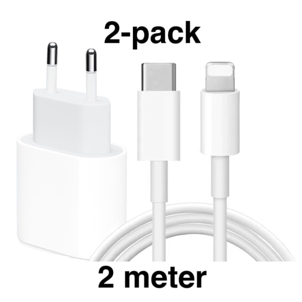 iPhone-lader - Hurtiglader - Adapter + Kabel 20W USB-C 2m Hvit