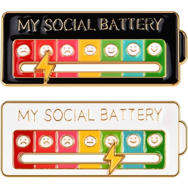 My Social Battery Pins, Funny Social Mood Broche Pin, Interactive Mood Pins med glidende justerbar, Creative Expression Pin Broche (Sort+Hvid)