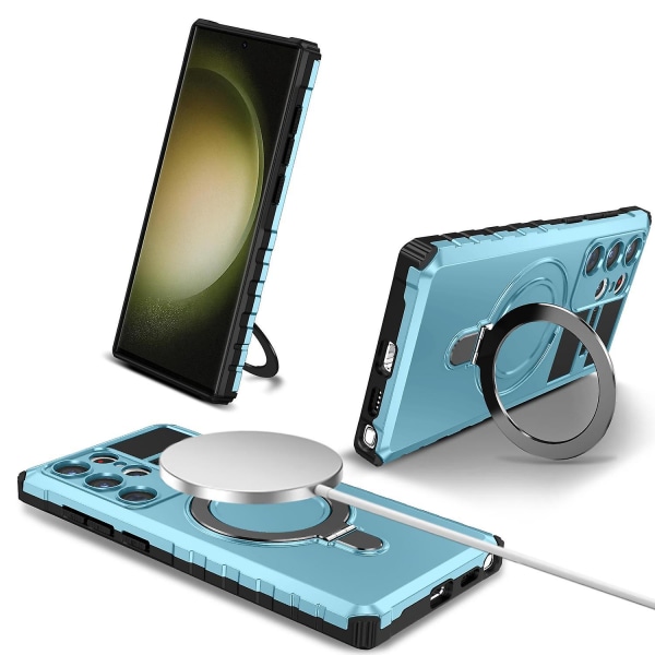 For Samsung Galaxy S23 Ultra PC+TPU Telefondeksel Magnetisk Fingergrep Kickstand Deksel Baby Blue