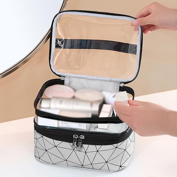 Makeup tasker dobbelt lag rejse kosmetik tasker  arrangør silver
