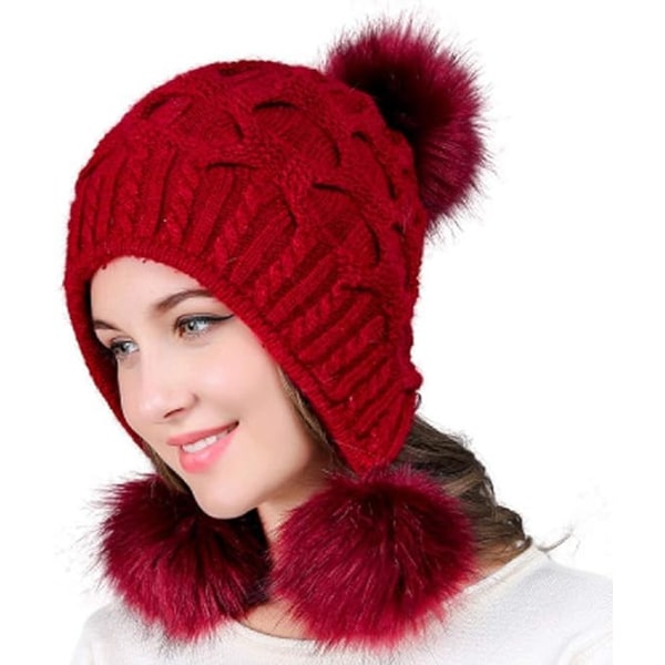 Stickad mössa för kvinnor, varm vintermössa med Pom Pom Bobble mössa stil med vindtäta öronlappar (röd)