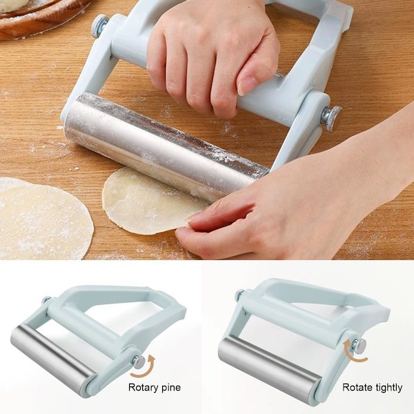 Kjevle med tykkelsesringer, kjevle i rustfritt stål med håndtak, kjevle for baking, justerbar kjevle