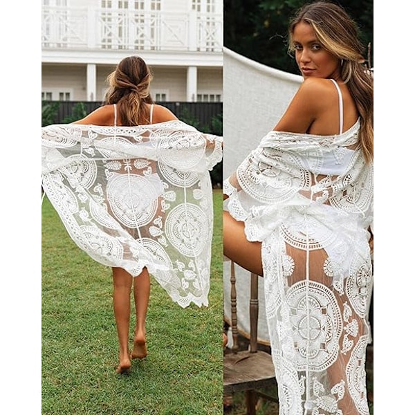 Kvinnors baddräkt Cover Up Baddräkt Kimono Lång Strandklänning Blommig Spets Bikini Badkläder Solskyddskläder White