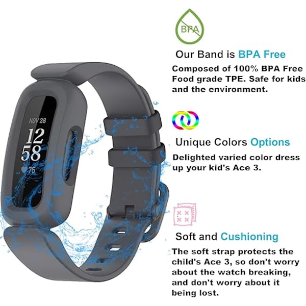 Fitbit Ace 3 -yhteensopivat rannekkeet lapsille, pehmeät silikonista valmistetut vedenpitävät rannekorutarvikkeet, urheilukellon rannekkeen vaihtohihna Fitbit Inspire 2/Ace 3 -laitteeseen Gray