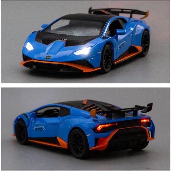 Modelbil 1/24 skala kompatibel med Lamborghini Huracan Sto Die-cast legetøjsbil med lys og lyd Legetøjsbildør kan åbnes (blå)