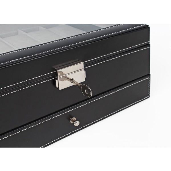 Klokkeboks, 12 spor dobbeltlags klokkeboks premium display håndverk, luksus etui arrangør, elegant arrangør for smykker, armbånd, halskjeder, svart