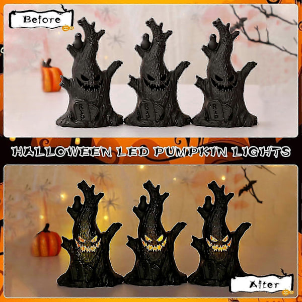 Halloween Spøgelsestræstub Med LED-lys, Træansigt Lysende LED-spøgelsestræstub Batteridrevet Til Halloweenfest 3 Pcs