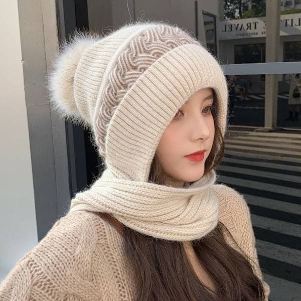 Dam Vintermössa Stickad Mössa Fleece Öronlappar Beanie Pompom Mössa-Vit