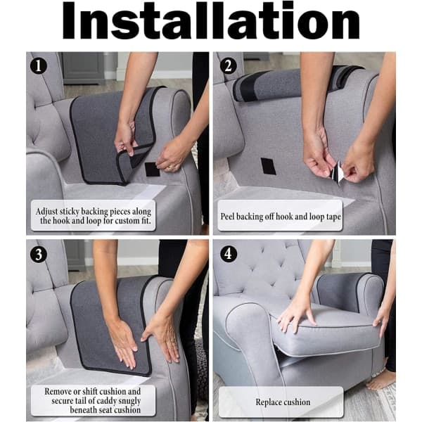 Armlæn Organizer til Lænestol med Velcro Hængende Sengesæk Senge Lomme Sofa Sengeside Organizer til Bog Telefon Briller Sort