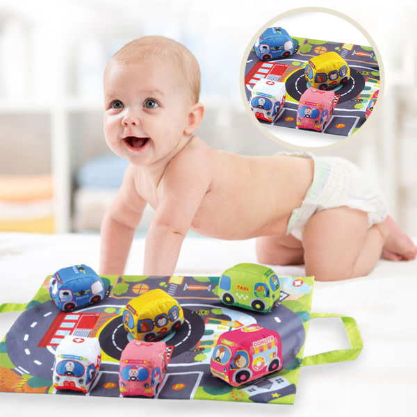 Blødt sæt præsenterer pels baby småbørn tegneserie legetøj klud biler