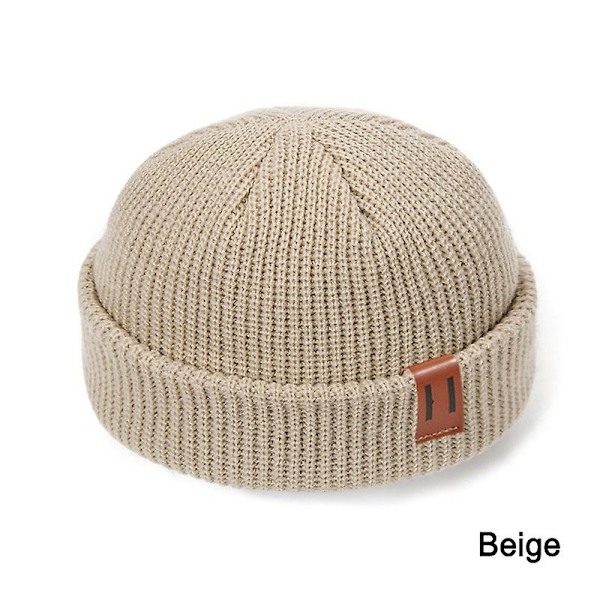 Mænd Kvinder Mode Vinter Strikket Beanie Hat Unisex Skullies Cap Hip-hop Cuffed Kort Cap Bonnet Varmt Ribbet Fisker Docker Hatte Beige