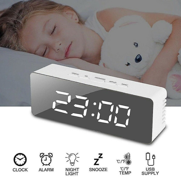 Digital väckarklocka, 5,5" stor skärm LED-spegelklocka med USB laddningsportar (vitt ljus vitt skal)