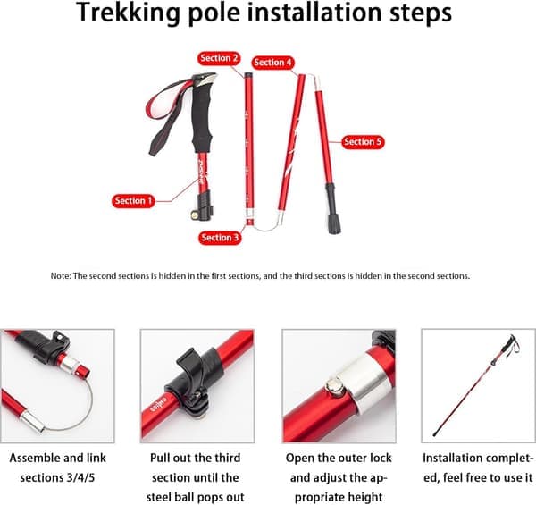Ultralette foldbare vandrestave / gåstave 5 sektioner 1 par - Justerbar højde (bt) Sort Black