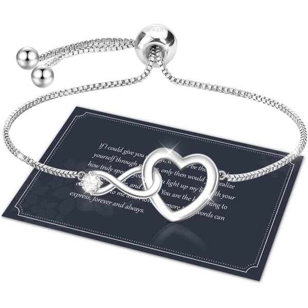Infinity-armband i sterling silver med kristallreglage och zirkonhjärta, justerbar present för kvinnor