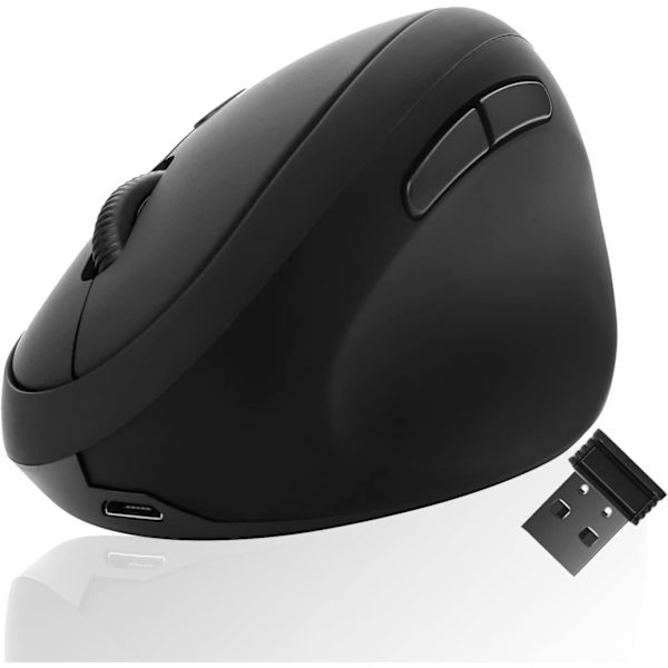 Ergonomisk Mus, Trådløs Mus Genopladelig Vertikal Mus med USB-modtager, 2,4 GHz Trådløs Mus, 6 Knapper, Justerbar DPI 800/1200/1600 Black