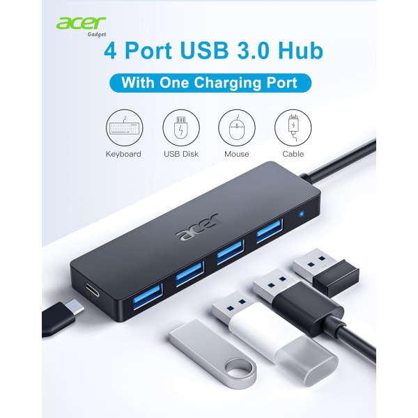 USB-keskitin, 4 porttia, useita USB 3.0 -keskittimiä, kannettavan tietokoneen USB-datakeskitin USB C -virralla, yksiporttinen kannettavan tietokoneen USB-jatke, Windows, Linux, Acer PC
