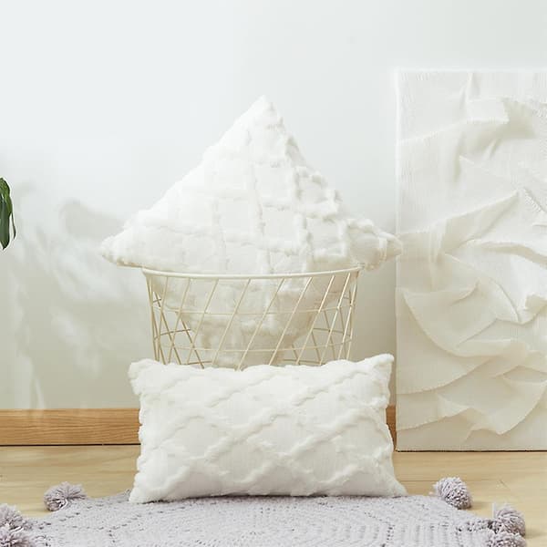 Dekorative pudebetræk, bløde plys kunstige uld sofapudebetræk sæt, beige Off-white