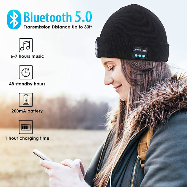 Bluetooth Beanie Hat, Led Beanie Hat Musikalsk strikkete hodetelefoner med innebygd stereo