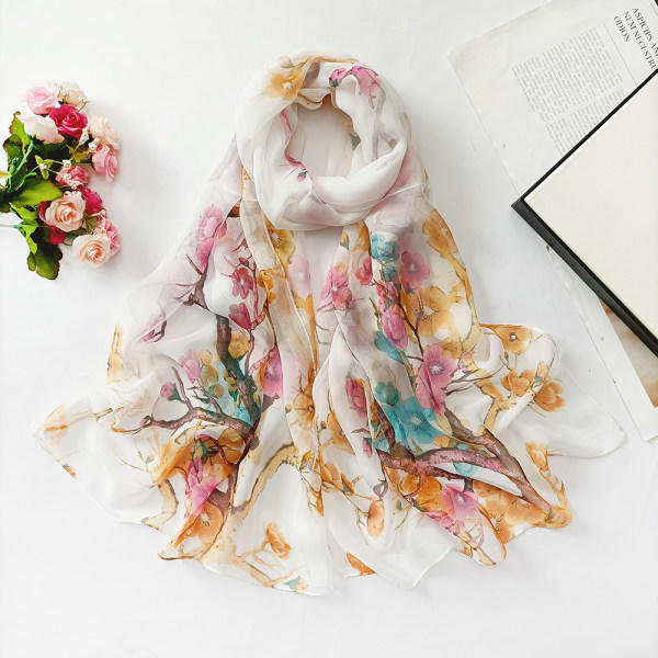 Kvinners lange skjerf, mykt silkesjal, damessjal, chiffon-sjal, tynt, pustende sjal White