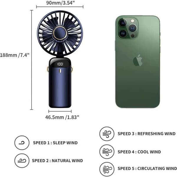 4200mAh USB Bærbar Blæser med LED-display, 3-i-1 Håndholdt/Hals/Skrivebord, Sammenfoldelig og 90° Vipbar (Mørkeblå)