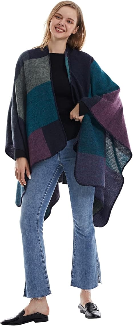 Dame Poncho Cape Trykt Reversibel Oversized Sjal Wrap Åpen Front Cardigans for Kvinner