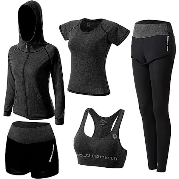 Dam 5-delad yogadräkt träningsset dam aktivkläder set sport yoga fitnesskläder damer träningskläder sportkläder för löpning jogging gym black M