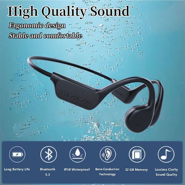 Bone Conduction Hovedtelefoner - IPX8 Vandtæt, Svømning, Sort