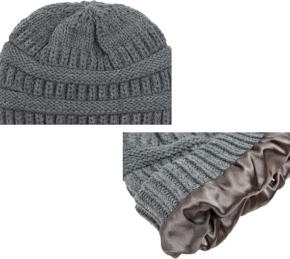 Vintervarm Stickad Mössa med Satinfoder Kabel Stickad Beanie Chunky Slouchy Skallehatt för Kvinnor Grey