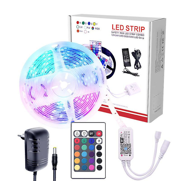Led-strimmelbelysning 5m, 5050 Rgb-led-strimler med 24-tasters IR-fjernbetjening og strømforsyning, 1 rulle med farveskiftende led-båndlys til soveværelse, hjemmets loft