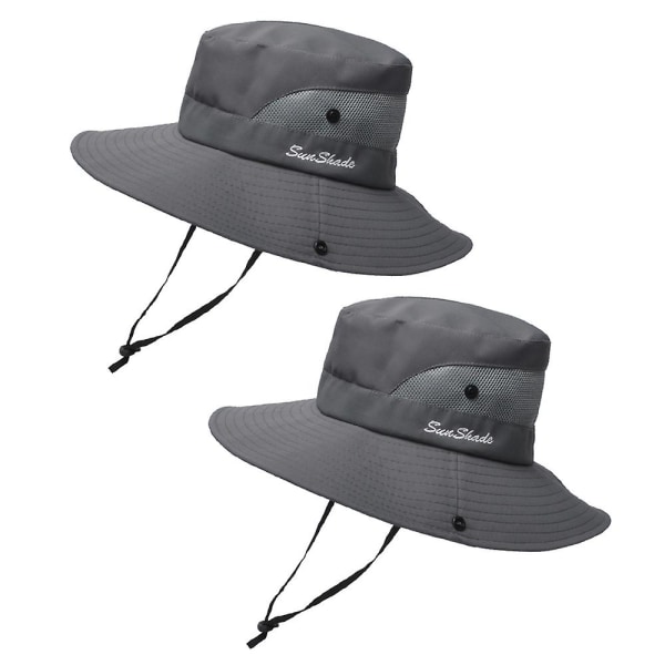 2 stk. Kvinners Utendørs UV-beskyttelse Foldbar Solhatt Mesh Bred Langs Strandfiskehatt Med Hestehalehull dark grey