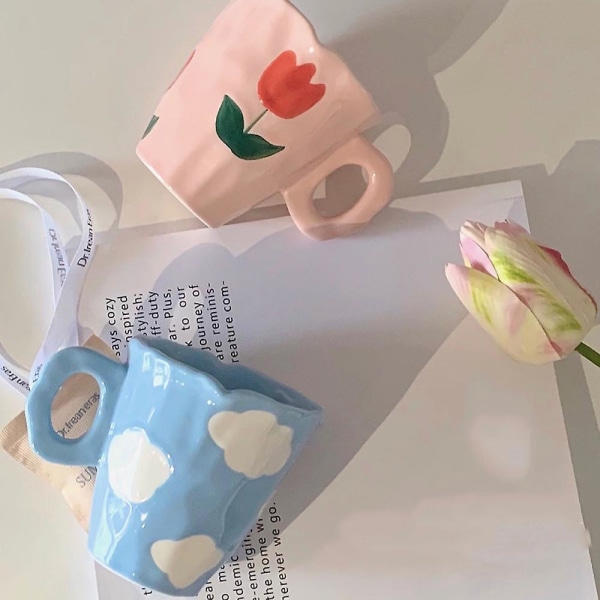 Handgjorda keramiska muggar handmålade och moln oregelbunden kaffekopp för te mjölk gåvor kopp(blå)