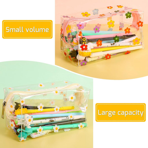 2 st transparenta pennfodral, stor pennväska, necessär, kosmetisk sminkväska, transparent Hyuna Daisy Floret-mönstrad väska, PVC transparent kosmetisk väska