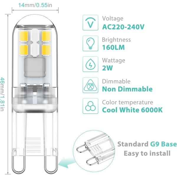 G9 LED-pærer 1,5 W Svarer til 20 W Halogen Cool White Light 6000K, AC 220-240V, Ikke dæmpbar, Mini-pære, flimmerfri, pakke med 10 stk.