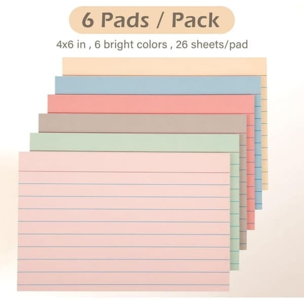 Indekskort – 4x6 linjerede flashcards, præcisionsskåret kraftigt karton i assorterede farver