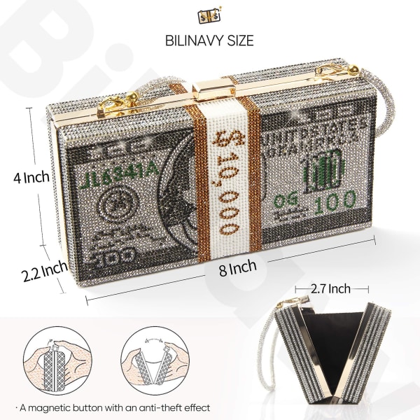 Money Clutch Purses For Women, Stack Of Cash Dollars Crystal Clutch Purses